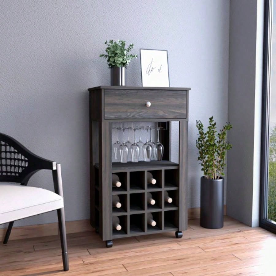 Bar Cart, Twelve Built - in Wine Rack, Four, One Open Shelf - Espresso