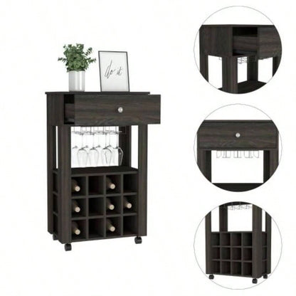 Bar Cart, Twelve Built - in Wine Rack, Four, One Open Shelf - Espresso