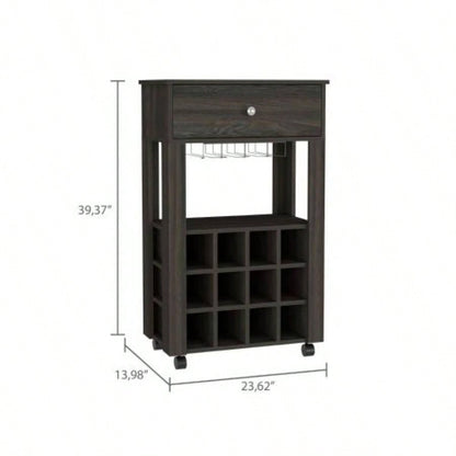Bar Cart, Twelve Built - in Wine Rack, Four, One Open Shelf - Espresso