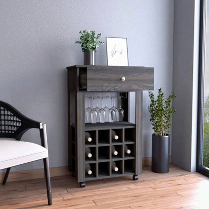Bar Cart, Twelve Built - in Wine Rack, Four, One Open Shelf - Espresso