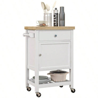 HOMCOM Utility Kitchen Cart, Rolling Kitchen Island with Smooth Rubberwood Top, Narrow Butcher Block Surface on Wheels with Storage Drawer Cabinet, White