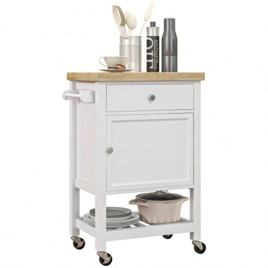 HOMCOM Utility Kitchen Cart, Rolling Kitchen Island with Smooth Rubberwood Top, Narrow Butcher Block Surface on Wheels with Storage Drawer Cabinet, White