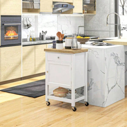 HOMCOM Utility Kitchen Cart, Rolling Kitchen Island with Smooth Rubberwood Top, Narrow Butcher Block Surface on Wheels with Storage Drawer Cabinet, White