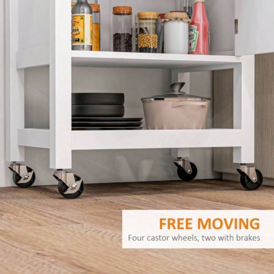HOMCOM Utility Kitchen Cart, Rolling Kitchen Island with Smooth Rubberwood Top, Narrow Butcher Block Surface on Wheels with Storage Drawer Cabinet, White