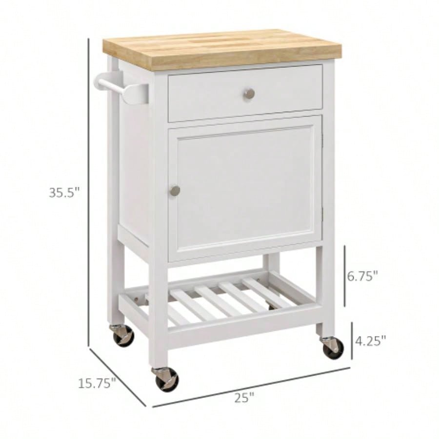 HOMCOM Utility Kitchen Cart, Rolling Kitchen Island with Smooth Rubberwood Top, Narrow Butcher Block Surface on Wheels with Storage Drawer Cabinet, White