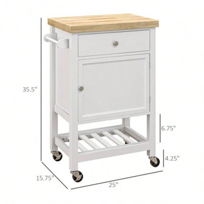 HOMCOM Utility Kitchen Cart, Rolling Kitchen Island with Smooth Rubberwood Top, Narrow Butcher Block Surface on Wheels with Storage Drawer Cabinet, White