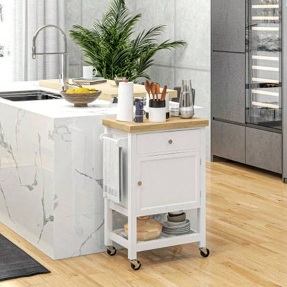 HOMCOM Utility Kitchen Cart, Rolling Kitchen Island with Smooth Rubberwood Top, Narrow Butcher Block Surface on Wheels with Storage Drawer Cabinet, White