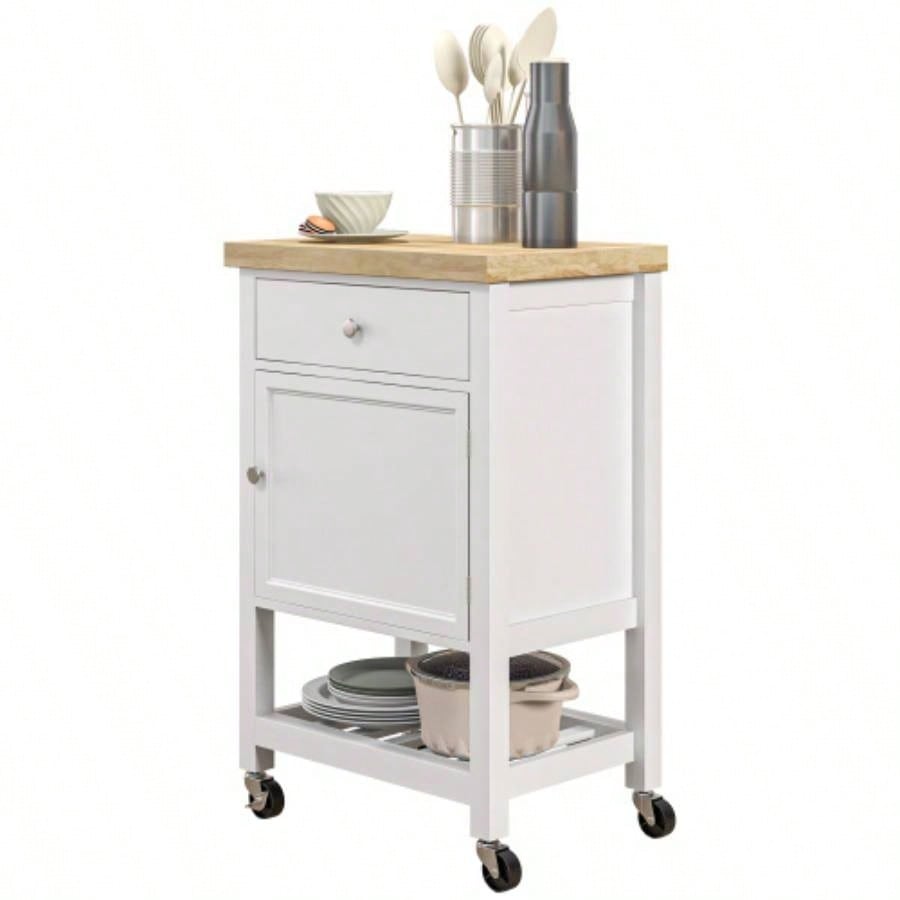 HOMCOM Utility Kitchen Cart, Rolling Kitchen Island with Smooth Rubberwood Top, Narrow Butcher Block Surface on Wheels with Storage Drawer Cabinet, White