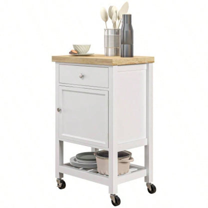 HOMCOM Utility Kitchen Cart, Rolling Kitchen Island with Smooth Rubberwood Top, Narrow Butcher Block Surface on Wheels with Storage Drawer Cabinet, White