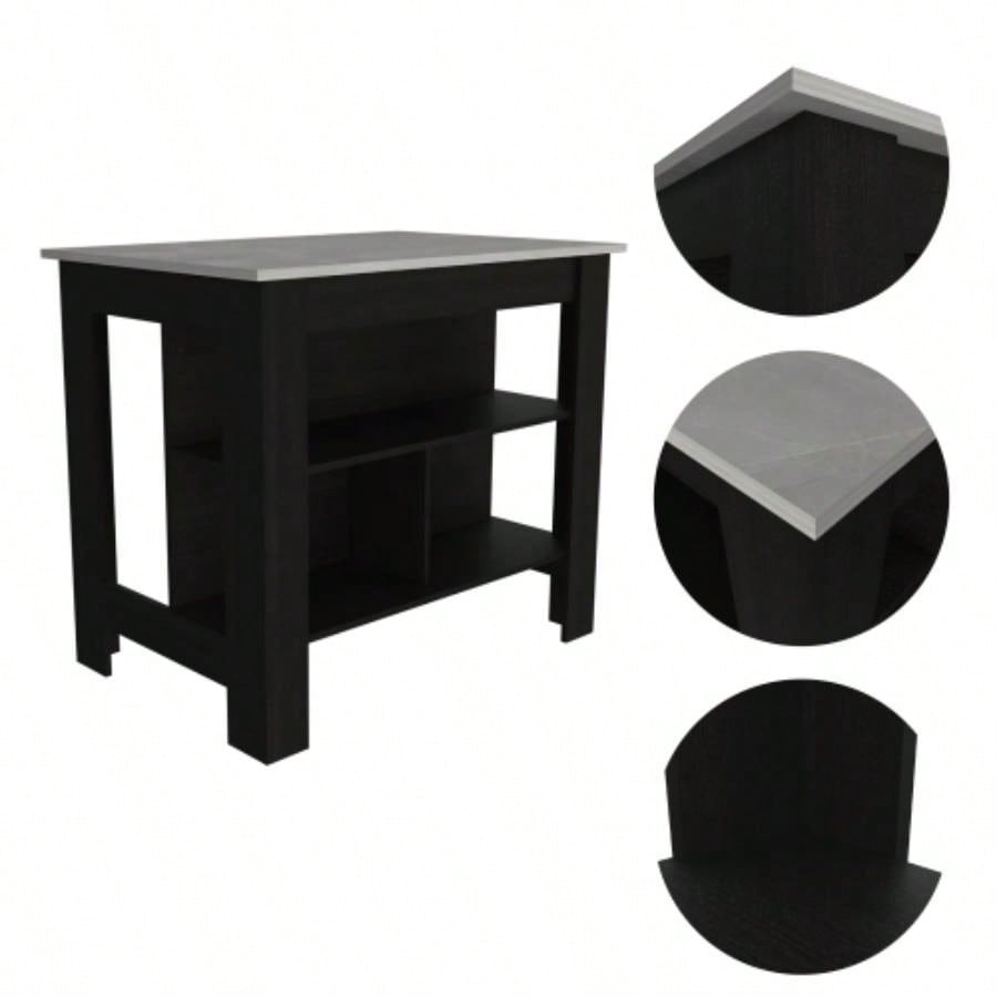 Cala Kitchen Island, Four, Three Shelves - Black/ Ibiza Marble