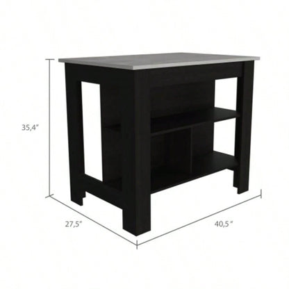 Cala Kitchen Island, Four, Three Shelves - Black/ Ibiza Marble