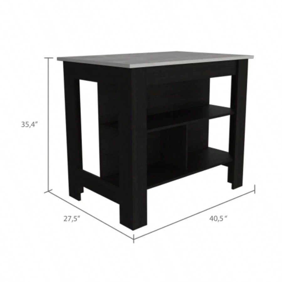 Cala Kitchen Island, Four, Three Shelves - Black/ Ibiza Marble