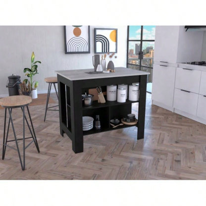 Cala Kitchen Island, Four, Three Shelves - Black/ Ibiza Marble