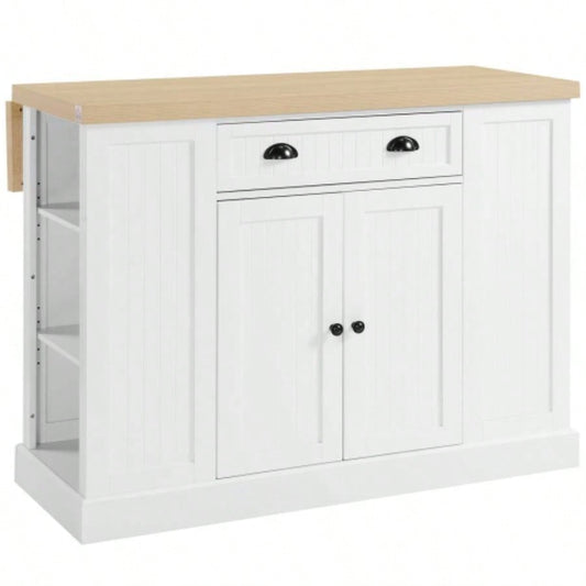 HOMCOM 47 Fluted - Style Wooden Kitchen Island, Kitchen Countertop Storage Cabinet with Drop Leaf, Drawer, Open Shelves, Storage, White