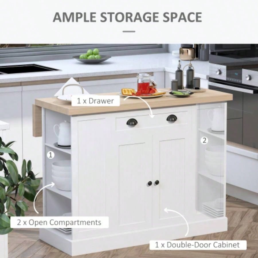 HOMCOM 47 Fluted - Style Wooden Kitchen Island, Kitchen Countertop Storage Cabinet with Drop Leaf, Drawer, Open Shelves, Storage, White