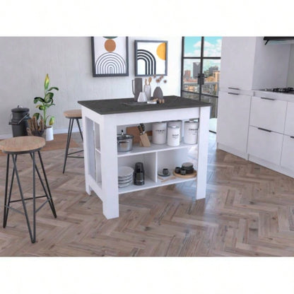 Cala Kitchen Island, Four, Three Shelves - White/ Onyx