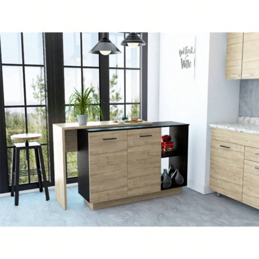 Chesterfield 2 - Shelf 1 - Drawer Kitchen Island Black Wengue and Light Oak