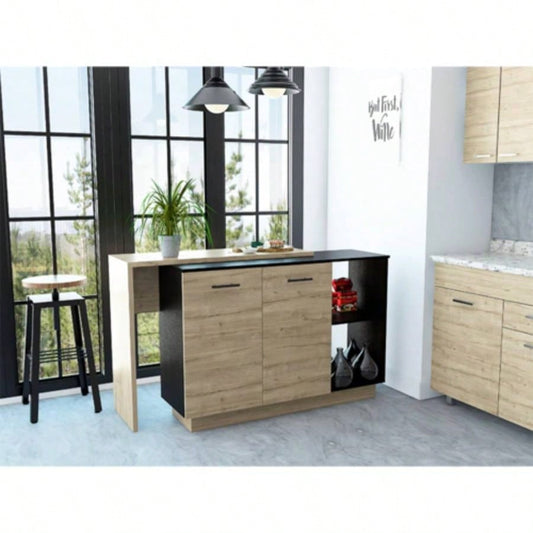 Chesterfield 2 - Shelf 1 - Drawer Kitchen Island Black Wengue and Light Oak