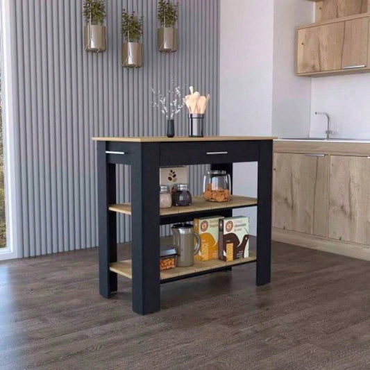 Kitchen Island 40 Inches Dozza, Two Shelves, Black Wengue/ Light Oak