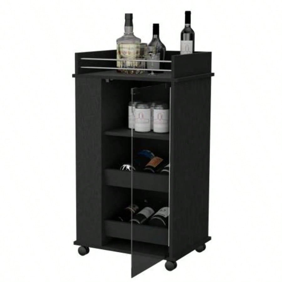 Willow Park Glass Door Bar Cart with Bottle Holder and Casters Black
