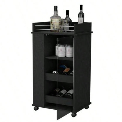 Willow Park Glass Door Bar Cart with Bottle Holder and Casters Black