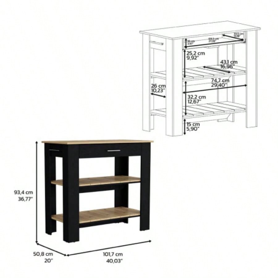 Kitchen Island 40 Inches Dozza, Two Shelves, Black Wengue/ Light Oak
