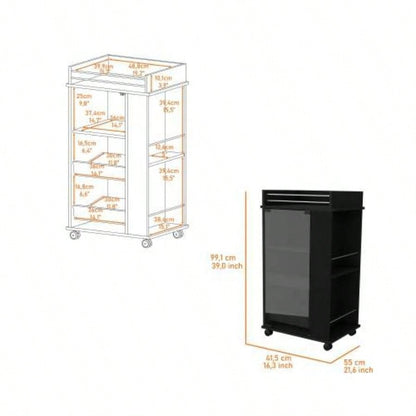 Willow Park Glass Door Bar Cart with Bottle Holder and Casters Black