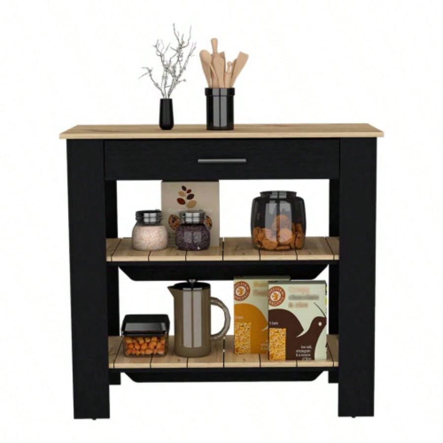 Kitchen Island 40 Inches Dozza, Two Shelves, Black Wengue/ Light Oak