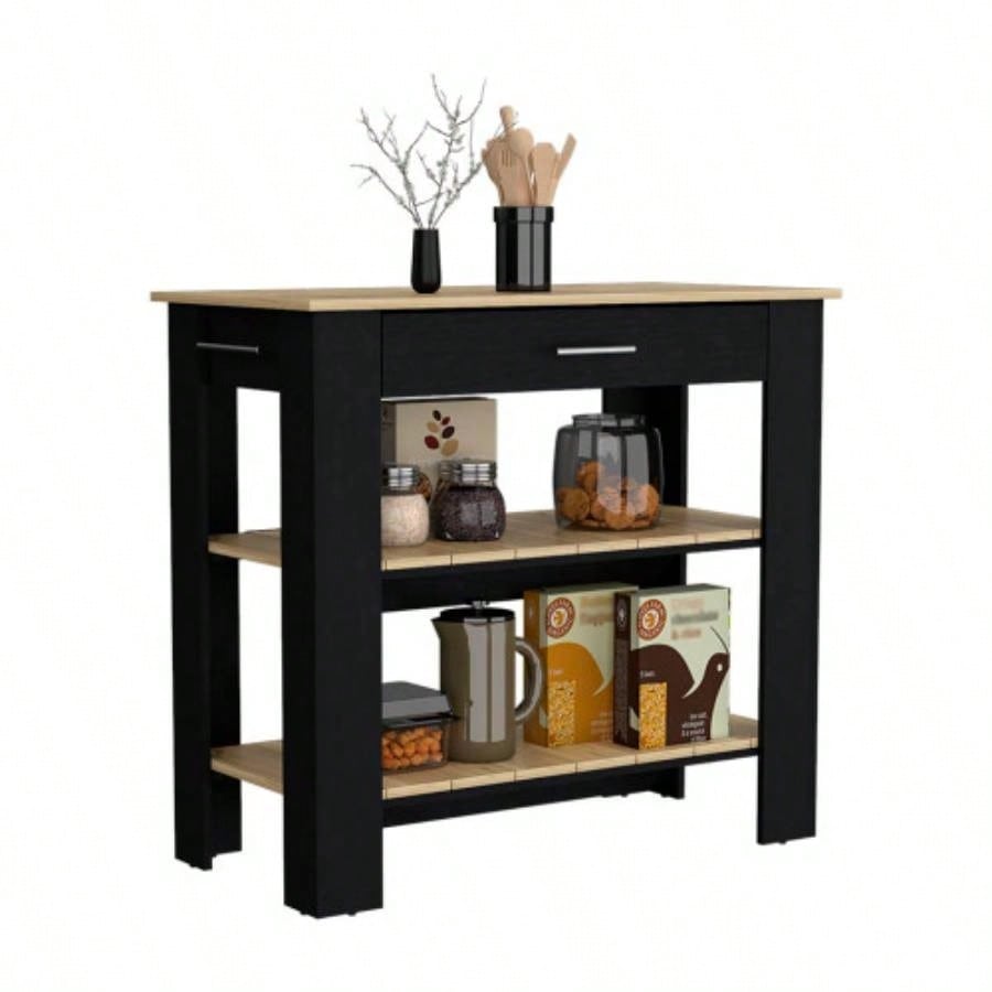 Kitchen Island 40 Inches Dozza, Two Shelves, Black Wengue/ Light Oak