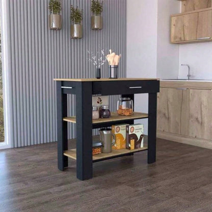 Kitchen Island 40 Inches Dozza, Two Shelves, Black Wengue/ Light Oak