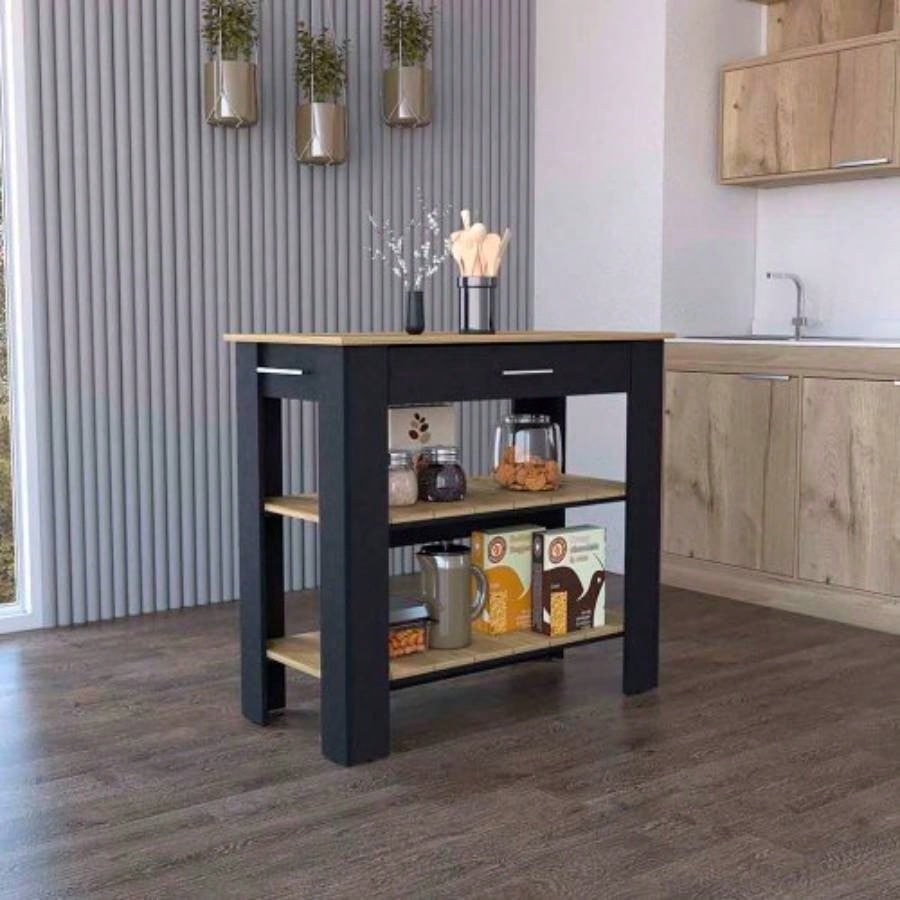 Kitchen Island 40 Inches Dozza, Two Shelves, Black Wengue/ Light Oak