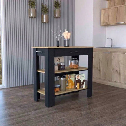 Kitchen Island 40 Inches Dozza, Two Shelves, Black Wengue/ Light Oak