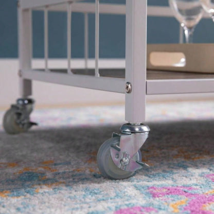 Rolling Kitchen Cart with Three Tier Storage and Four Wine Bottle Rack - Brown and White Metal