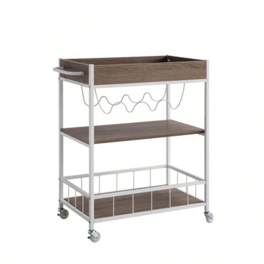 Rolling Kitchen Cart with Three Tier Storage and Four Wine Bottle Rack - Brown and White Metal