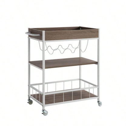 Rolling Kitchen Cart with Three Tier Storage and Four Wine Bottle Rack - Brown and White Metal