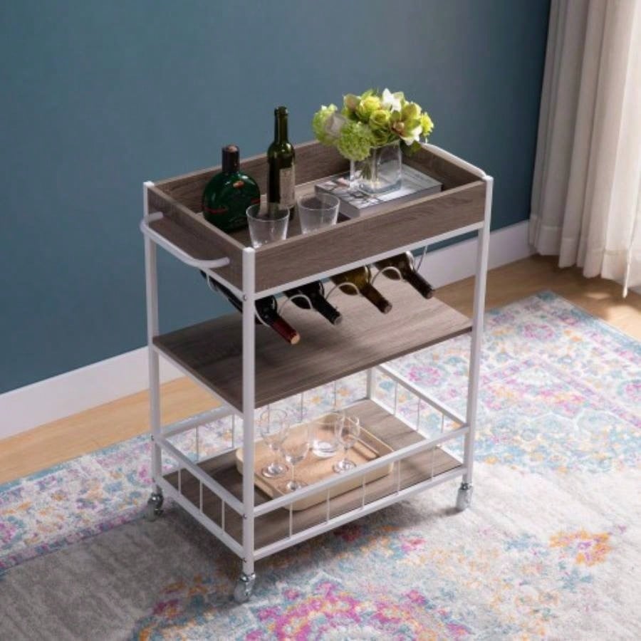 Rolling Kitchen Cart with Three Tier Storage and Four Wine Bottle Rack - Brown and White Metal
