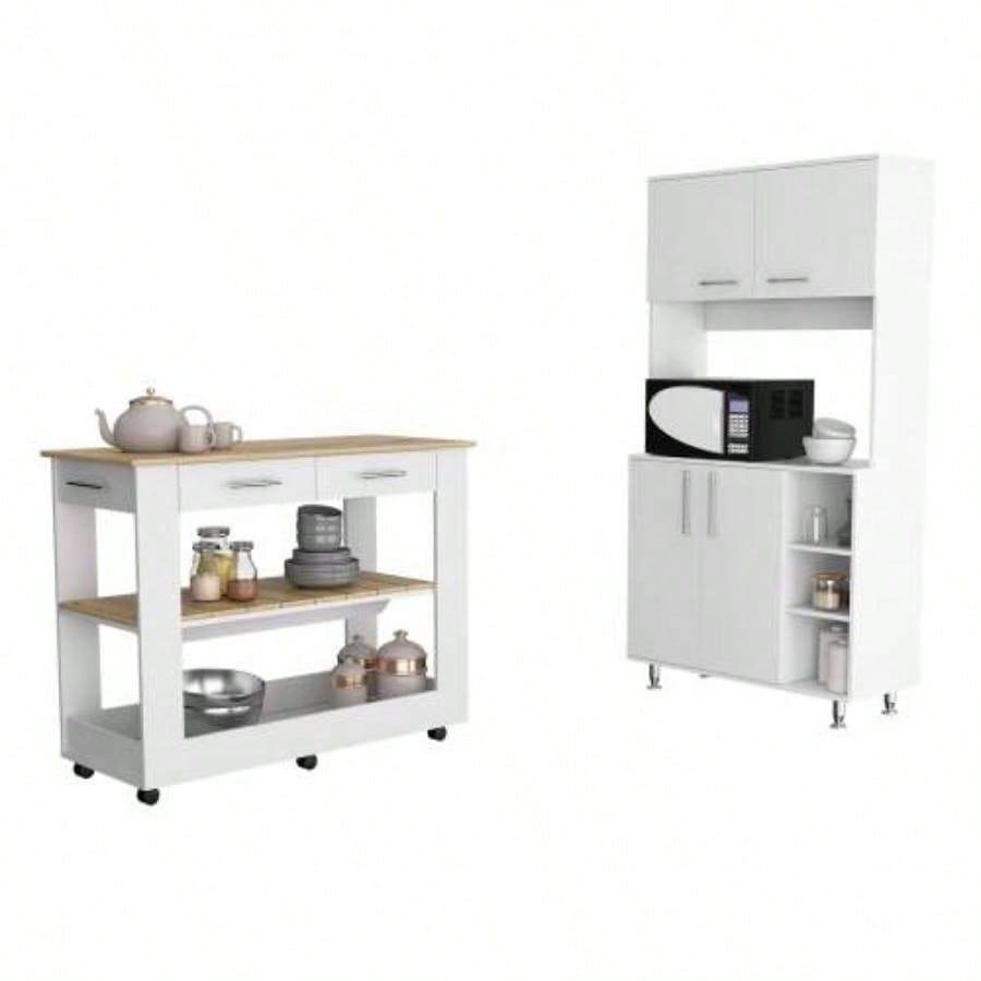 Nadina 4 - Door 2 - Drawer 2 - piece Kitchen Set, Kitchen Island and Kitchen Pantry White and Light Oak