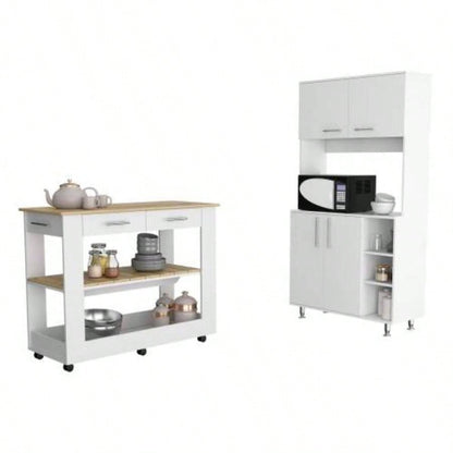 Nadina 4 - Door 2 - Drawer 2 - piece Kitchen Set, Kitchen Island and Kitchen Pantry White and Light Oak