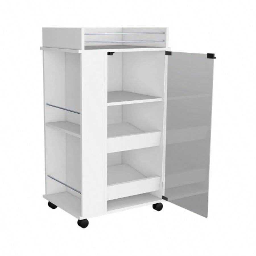 Bar Cart with Two - Side Shelves, Glass Door and Upper Surface, White