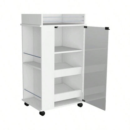 Bar Cart with Two - Side Shelves, Glass Door and Upper Surface, White