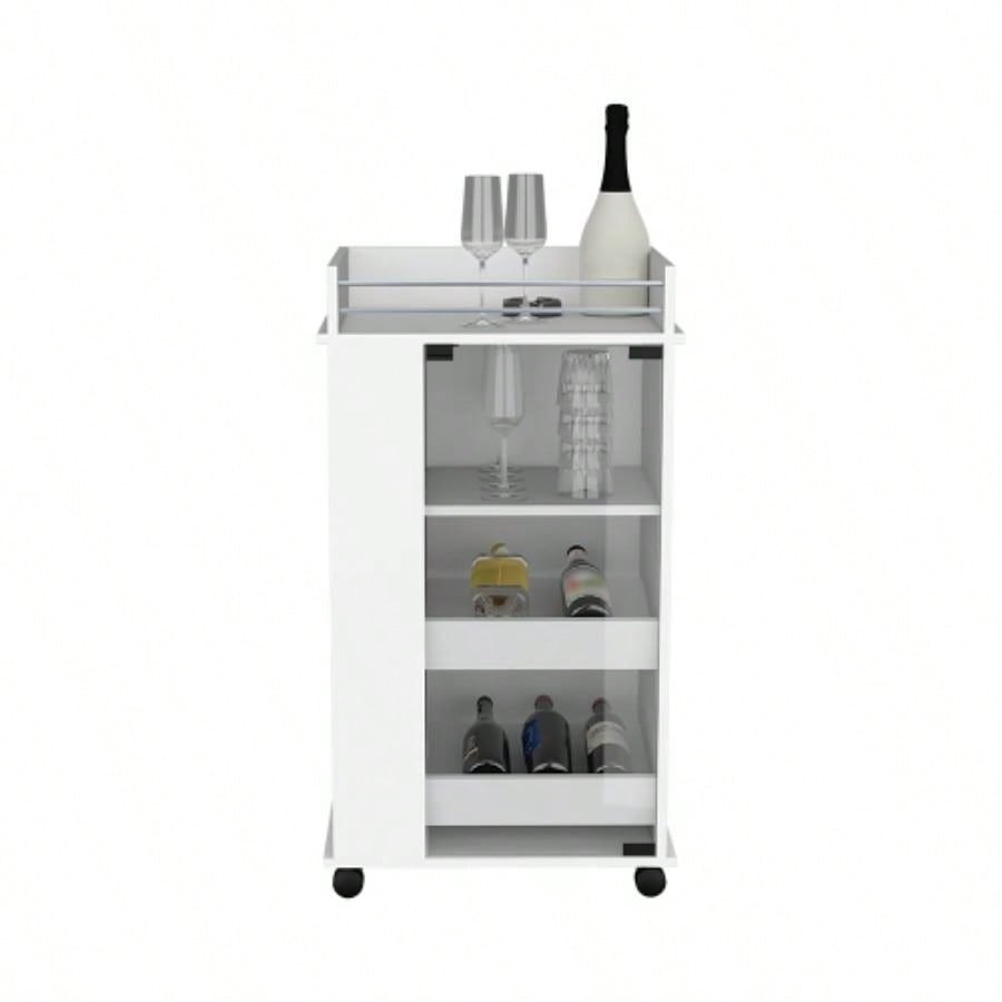 Bar Cart with Two - Side Shelves, Glass Door and Upper Surface, White