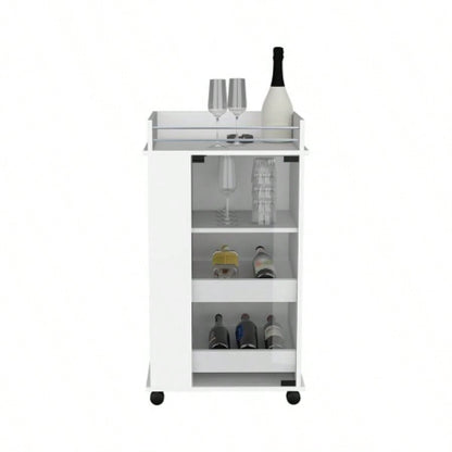 Bar Cart with Two - Side Shelves, Glass Door and Upper Surface, White