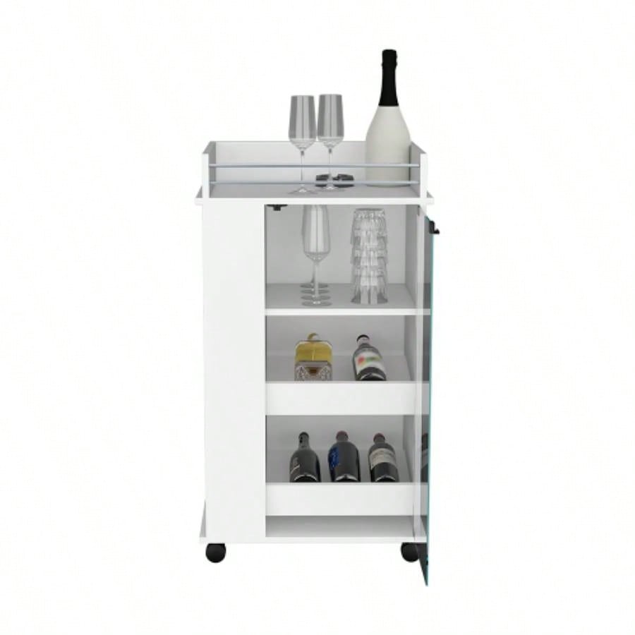 Bar Cart with Two - Side Shelves, Glass Door and Upper Surface, White
