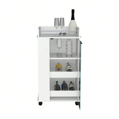 Bar Cart with Two - Side Shelves, Glass Door and Upper Surface, White
