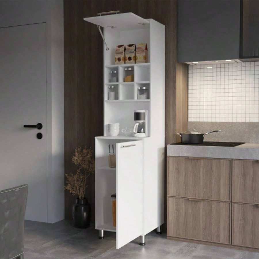 White Kitchen Pantry with Pneumatic Door and Open Storage