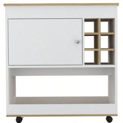 Camelia Bar Cart, Lower Panel, Six Bottle Cubbies, One Cabinet - Light Oak/ White