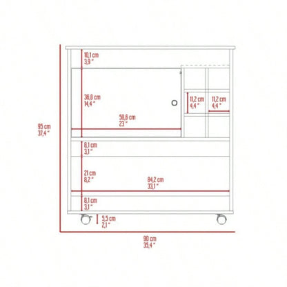 Camelia Bar Cart, Lower Panel, Six Bottle Cubbies, One Cabinet - Light Oak/ White