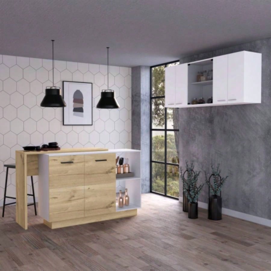 White and Light Oak 2 - Piece Kitchen Set, Kitchen Island and Wall Cabinet