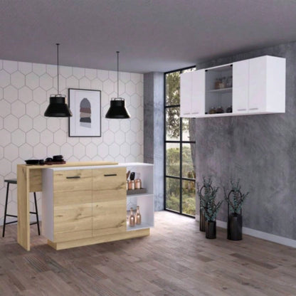 White and Light Oak 2 - Piece Kitchen Set, Kitchen Island and Wall Cabinet