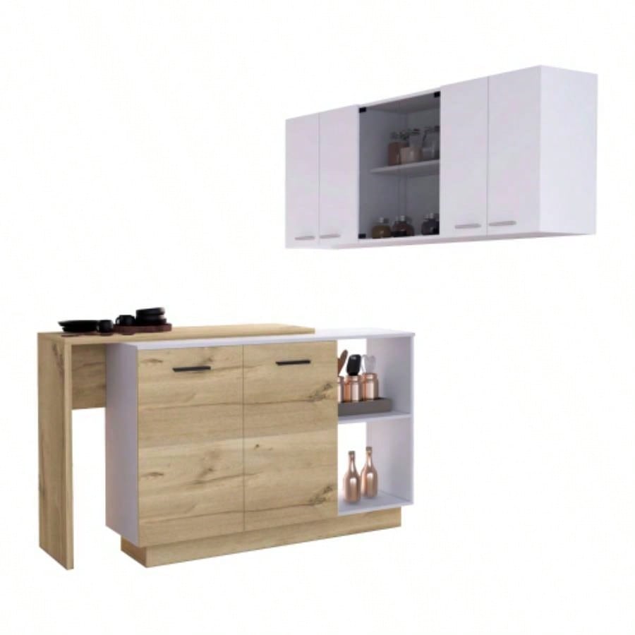 White and Light Oak 2 - Piece Kitchen Set, Kitchen Island and Wall Cabinet
